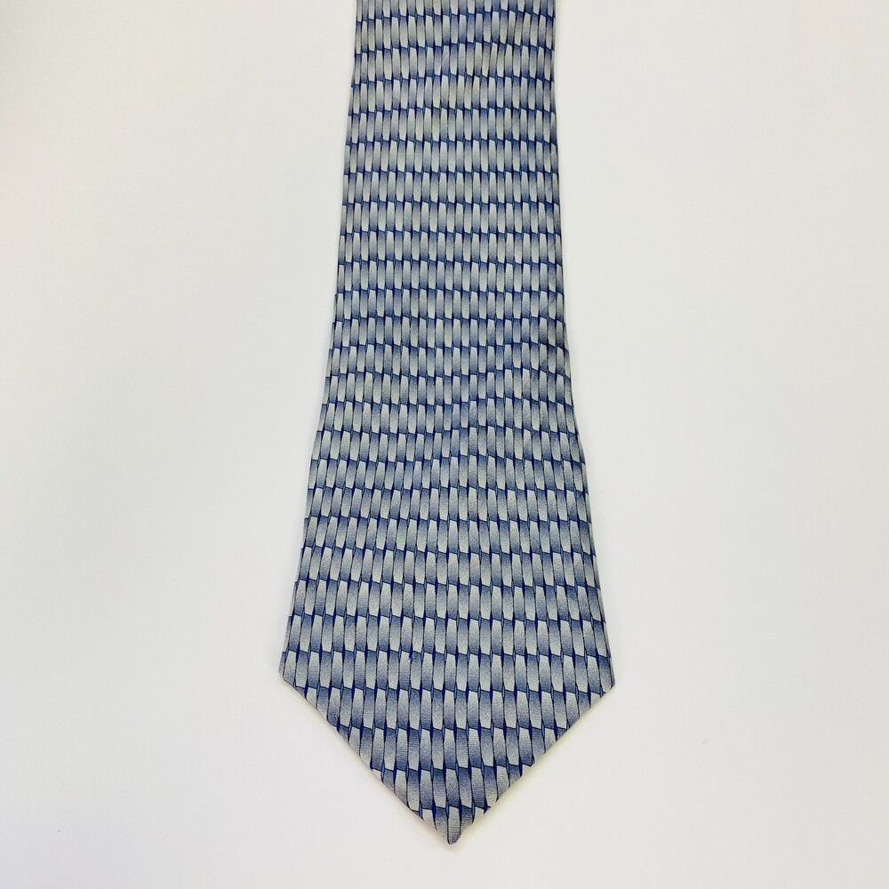 Claiborne Men's 100% Silk Tie Blue Silver Gray Geometric Necktie